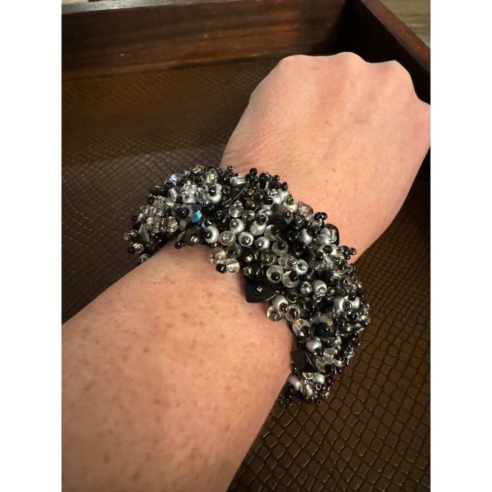Chunky Black Silver Tone Beaded Wrap Bracelet Women's
